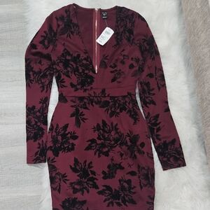 Gorgeous long sleeve burgundy with black velour floral details Dress